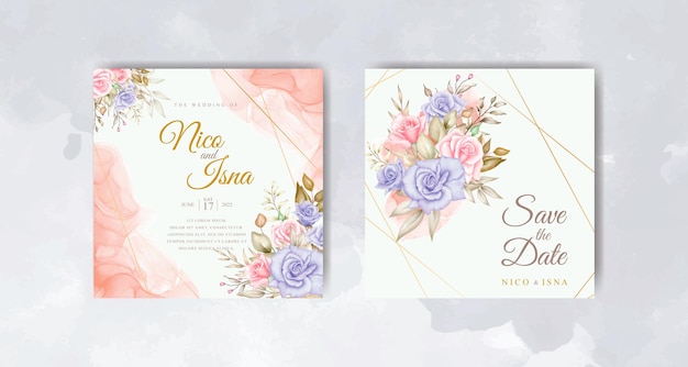 Elegant wedding invitation card with beautiful watercolor flowers and leaves