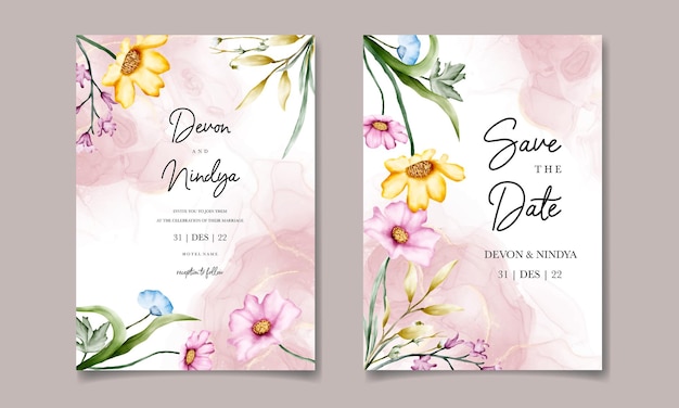 美しい水彩画の花とエレガントな結婚式の招待カード