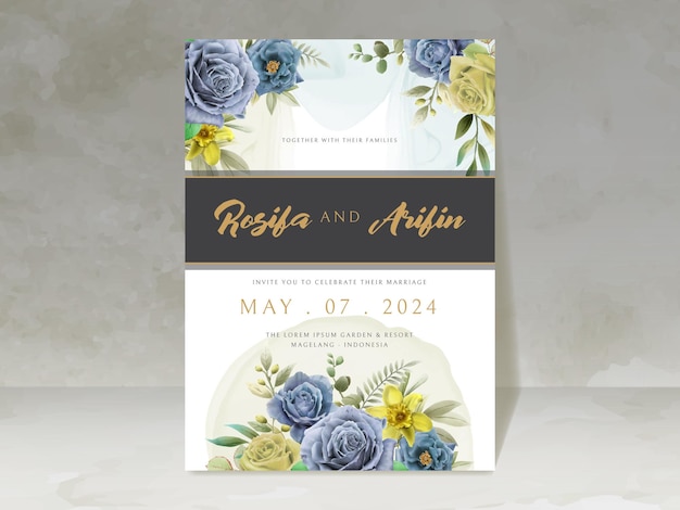 青と黄色の花の水彩画とエレガントな結婚式の招待状