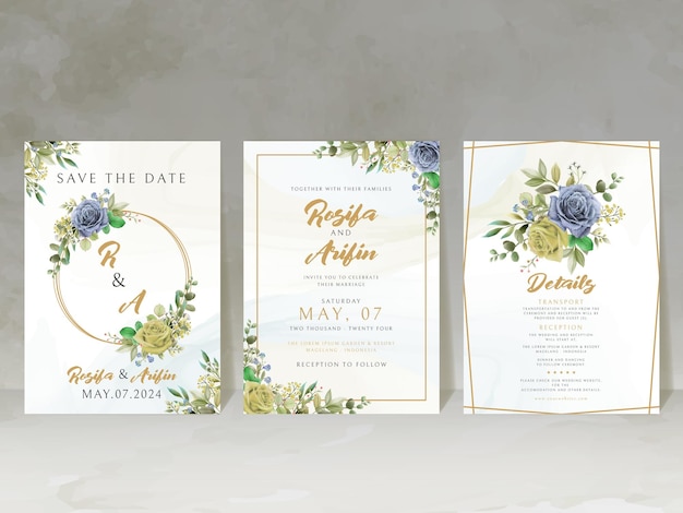 青と黄色の花の水彩画とエレガントな結婚式の招待状