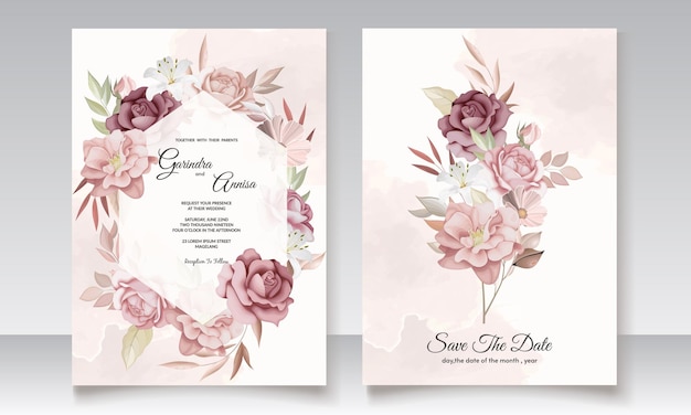 Carta di invito matrimonio elegante con fiori e foglie marroni