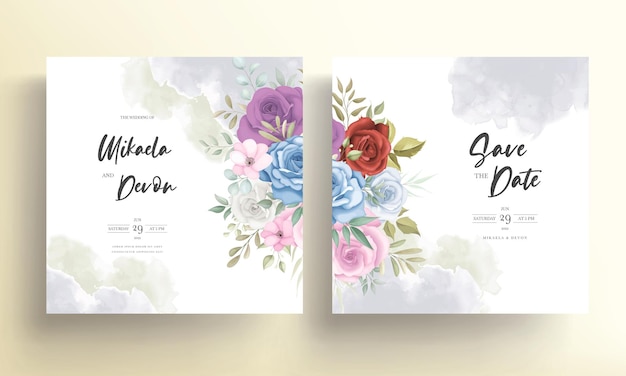 Elegant wedding invitation card with colorful flowers decorations