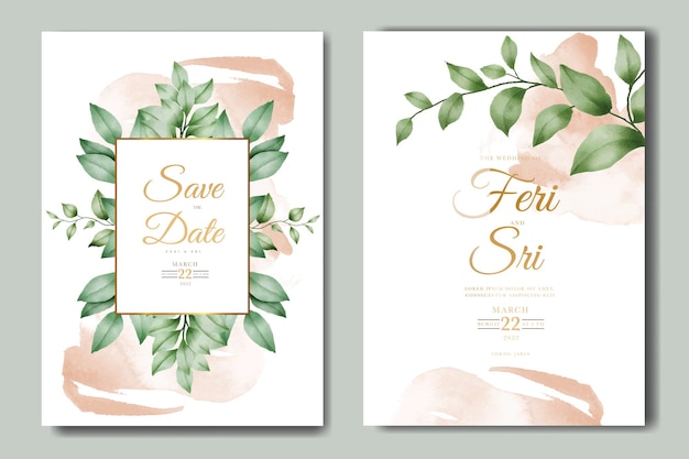 Elegant  wedding invitation card with floral leaves watercolor