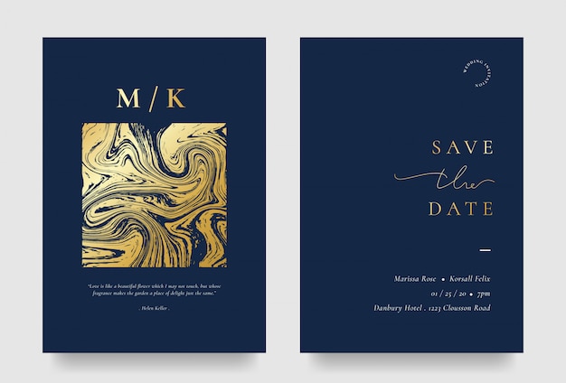 黄金の液体要素を持つエレガントな結婚式の招待カード
