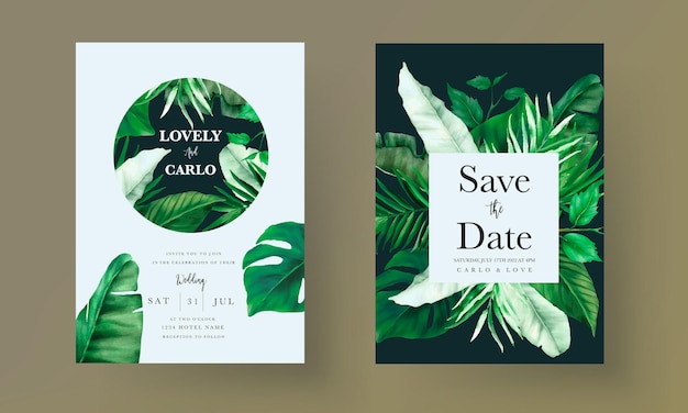緑の熱帯の水彩画とエレガントな結婚式の招待カード