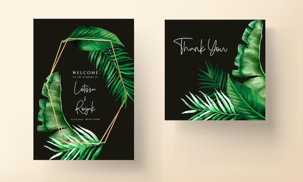 Elegant wedding invitation card with green tropical watercolor