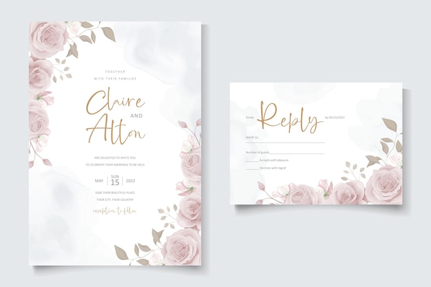 Elegant wedding invitation card with hand drawn soft flower and leaves