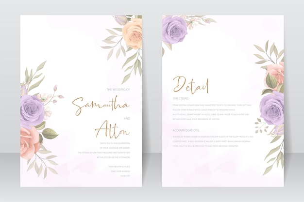 Elegant wedding invitation card with hand drawn soft flower and leaves