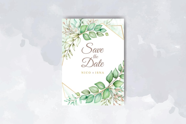 Elegant wedding invitation card with leaves watercolor