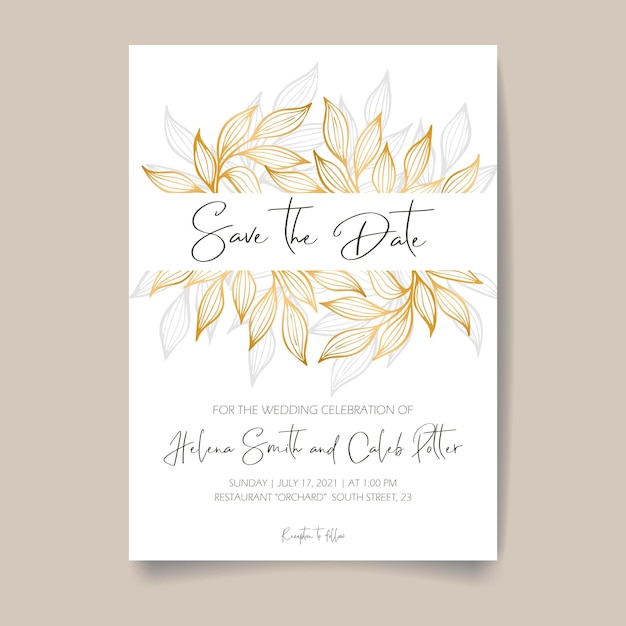 Vector elegant wedding invitation card  with leaves.