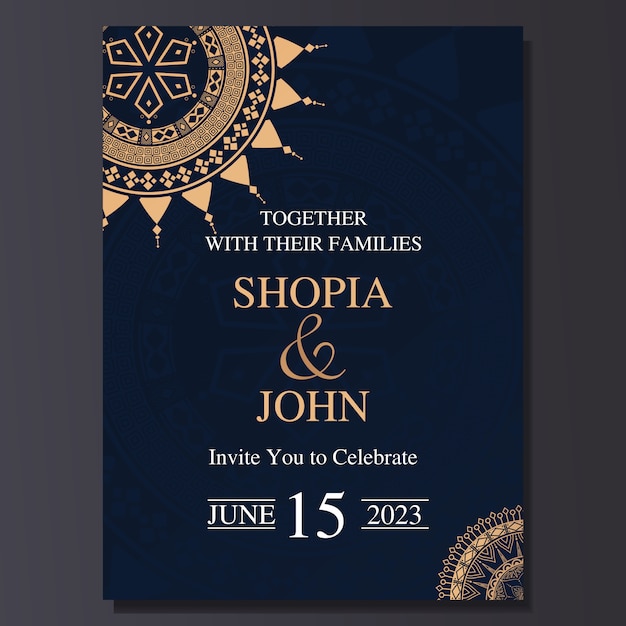 Elegant wedding invitation card with mandala ornament.