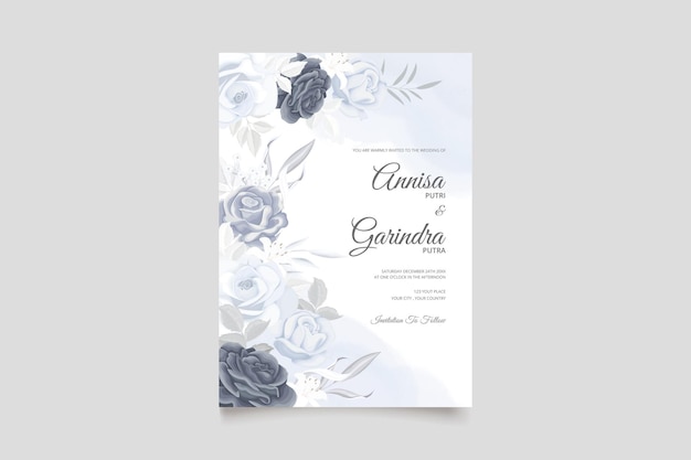 Elegant wedding invitation card with navy blue beautiful floral and leaves template