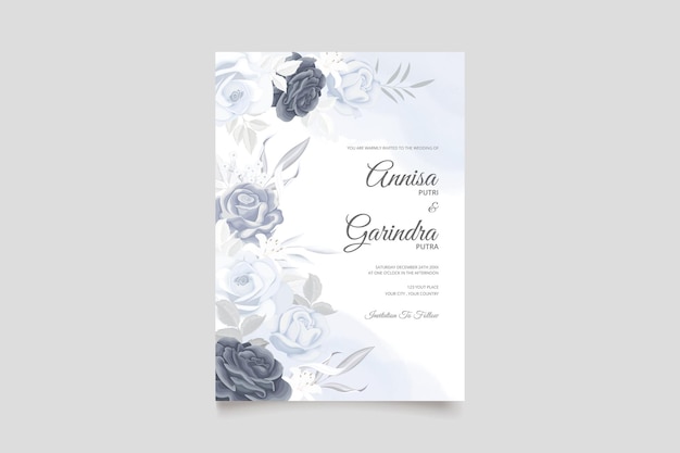 Elegant wedding invitation card with navy blue beautiful floral and leaves template  