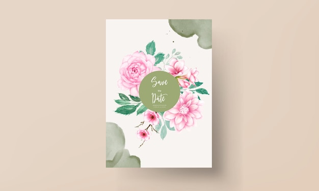 柔らかいピンクの水彩花飾りとエレガントな結婚式の招待カード
