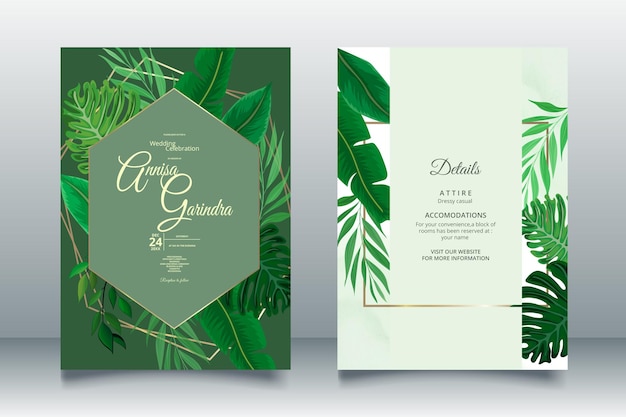 Elegant wedding invitation card with tropical leaves template premium vector