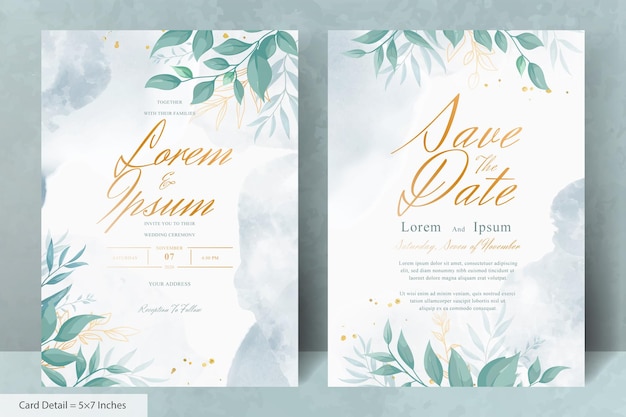 水彩と緑の葉を持つエレガントな結婚式の招待状