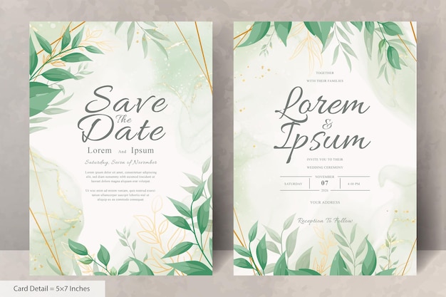 Elegant Wedding Invitation Card with Watercolor and Greenery Leaves