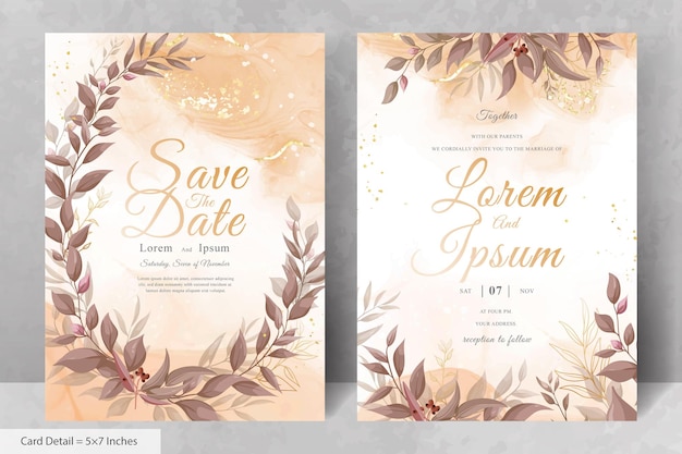 Elegant Wedding Invitation Card with Watercolor and Greenery Leaves