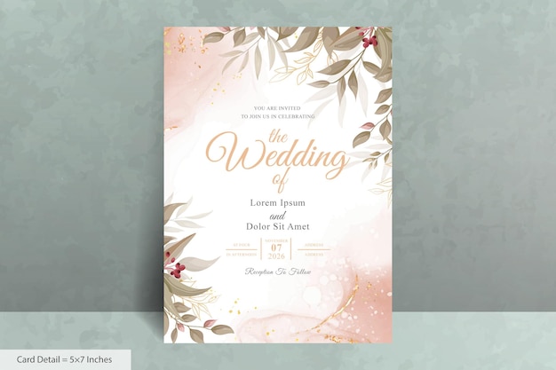 Elegant wedding invitation card with watercolor and greenery leaves