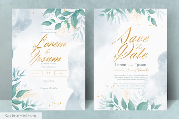 Elegant wedding invitation card with watercolor and greenery leaves