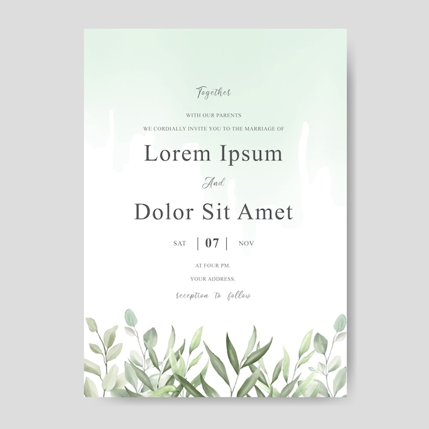 Elegant wedding invitation card With Watercolor leaf 