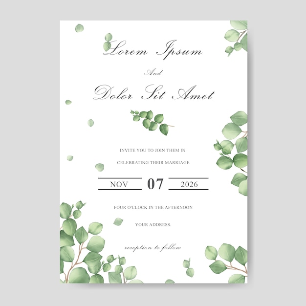 Vector elegant wedding invitation card with watercolor leaf