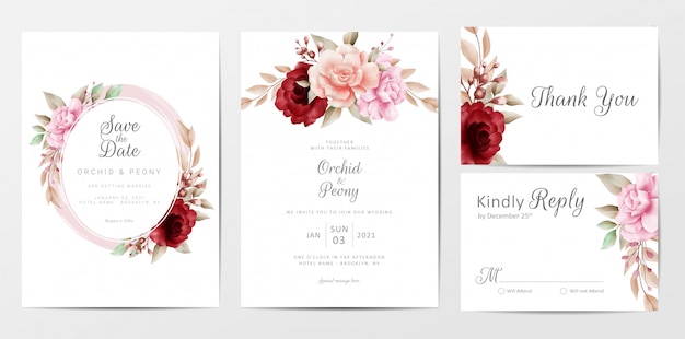 Elegant wedding invitation cards template set with watercolor flowers decoration