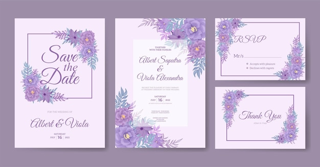 Elegante modello di biglietti d'invito per matrimoni con bellissimo acquerello floreale viola