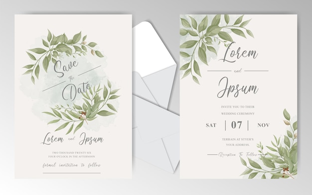 葉を持つエレガントな結婚式の招待カードテンプレート