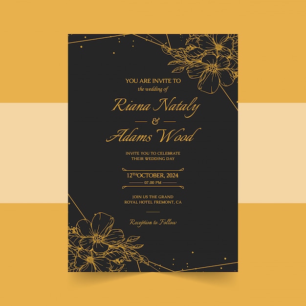 Vector elegant wedding invitation cards template with golden floral decoration