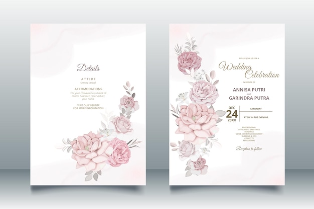 Elegante modello di biglietti d'invito per matrimoni con design di rose rosa e blush vettore premium