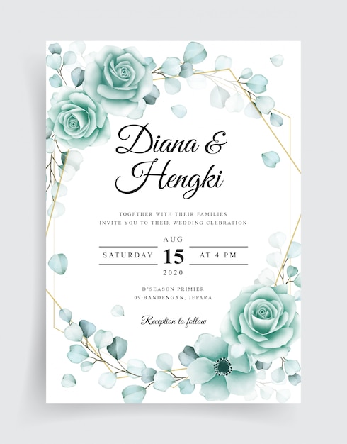 Vector elegant wedding invitation cards template with watercolor eucalyptus