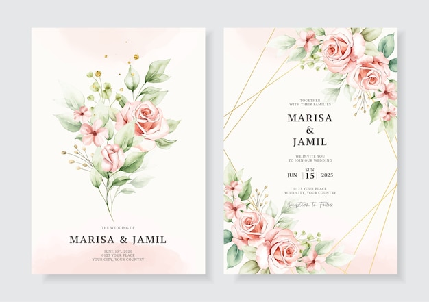 Vettore modello di carte invito matrimonio elegante con bouquet floreale dell'acquerello