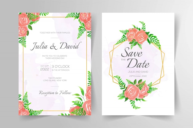 Modello di biglietti d'invito matrimonio elegante con decorazione floreale dell'acquerello