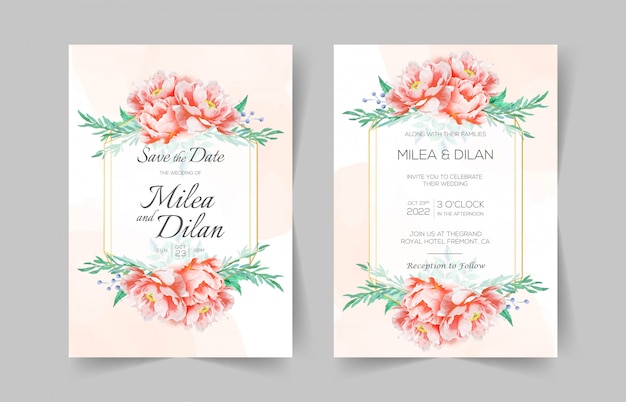 Elegant wedding invitation cards template with watercolor floral decoration