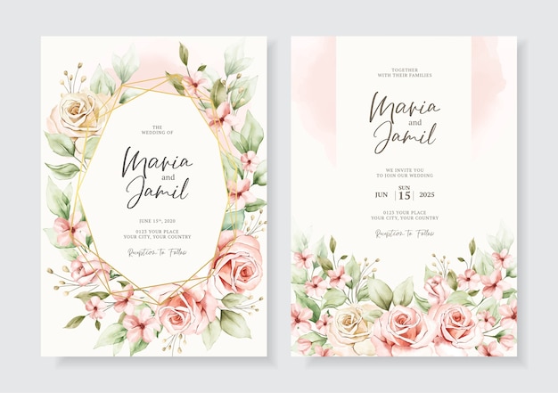 Vettore modello di biglietti d'invito matrimonio elegante con decorazione floreale dell'acquerello