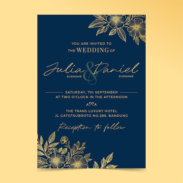 elegant wedding invitation design in navy blue and gold