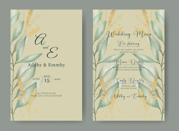 Elegant wedding invitation and menu template with beautiful leaves