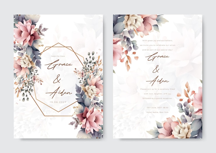 Vector elegant wedding invitation and menu template with leaves
