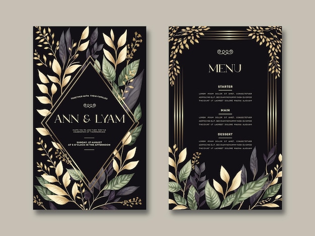 Elegant wedding invitation and menu template with leaves