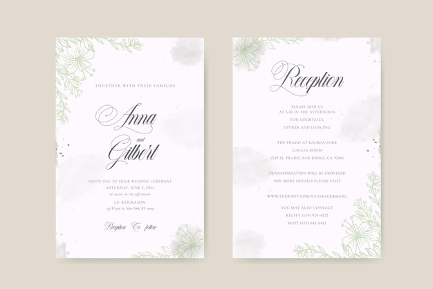 Elegant wedding invitation and reception template with green watercolor leaves