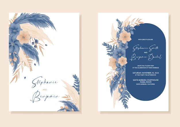 Elegant wedding invitation in sand and blue with pampas and leaves Editable vector template