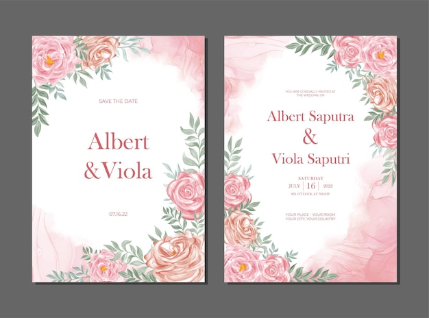 Elegant wedding invitation set with rose flower watercolor