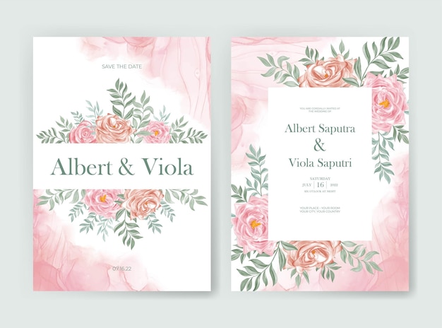 elegant wedding invitation set with rose flower watercolor