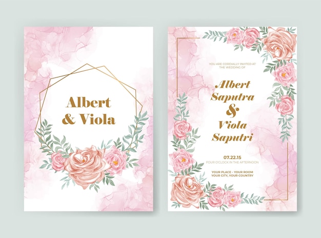 elegant wedding invitation set with rose flower watercolor