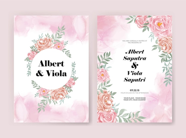 elegant wedding invitation set with rose flower watercolor