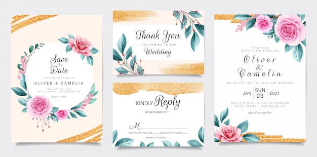 Elegant wedding invitation stationery template set with watercolor floral and glitter background