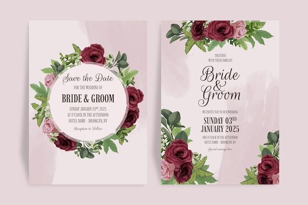 Elegant wedding invitation template set with watercolor style.