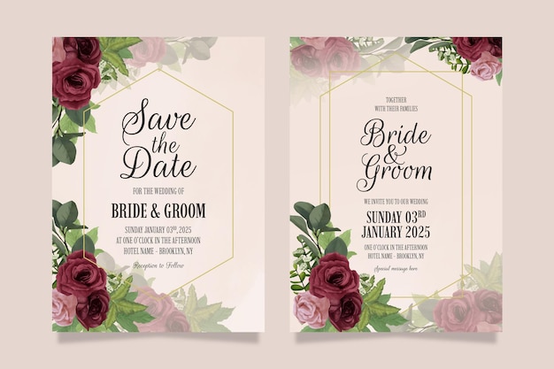 Elegant wedding invitation template set with watercolor style.