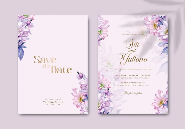 Elegant wedding invitation template with colorful bouquet flowers